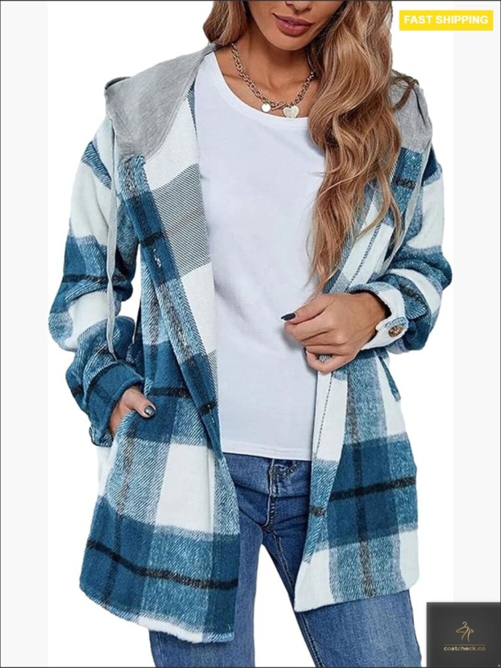 Oversized Plaid Shacket Jacket Hooded Flannel Button Down Coat Casual Trendy